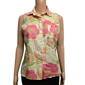 Richard Malcolm Linen Tropical Button Up Sleeveless Top Size S